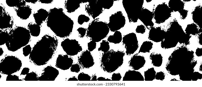 Grunge abstract spots and blots seamless pattern. Dalmatian skin print. Hand drawn round brush strokes with rough edges. Vector decorative wrapping paper design, banner background.