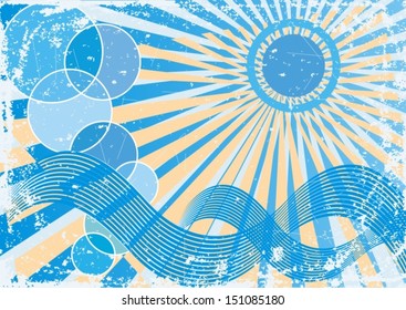 Grunge abstract summer sun above the ocean - vector illustration