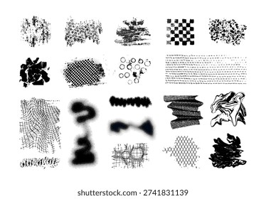 Grunge Abstract Texture Elements Set in Black and White. Monochrome stamps, grunge textures: splatters, checker patterns, grids, smudges, scratches, concrete, stone, retro elements. Vector collection