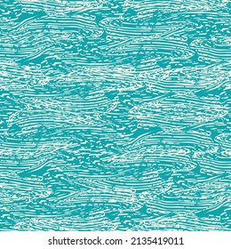 Grunge abstract water swirl vector seamless pattern background. Dense white stretching horizontal wavy lines on aqua blue backdrop. Painterly streaks texture design.Ocean surface effect all over print