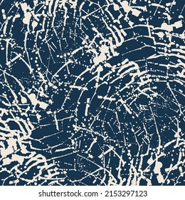 Grunge abstract water swirl vector seamless pattern background. Dense white swirling wavy lines on navy blue backdrop. Painterly streaks craquelure texture design.Ocean surface effect all over print