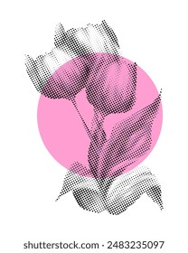 Grunge abstraction with flowers with the effect of a dotted pattern printed in a newspaper with a pink circle. Flat style. Vector illustration.