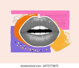 Grunge abstraction with lips with the effect of a dotted pattern printed on old paper with colored geometric shapes. Flat style. Vector illustration.