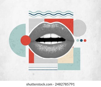 Abstracción de grunge con labios con el efecto de un patrón punteado impreso en papel viejo con Formas geométricas de colores boho. Estilo plano. Ilustración vectorial.