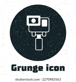 Grunge Action extreme camera icon isolated on white background. Video camera equipment for filming extreme sports. Monochrome vintage drawing. Vector