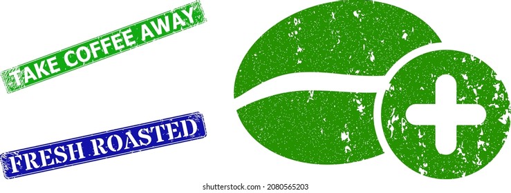 Grunge add coffee icon and rectangle rubber Take Coffee Away stamp. Vector green Take Coffee Away and blue Fresh Roasted imprints with grunge rubber texture, designed for add coffee illustration.