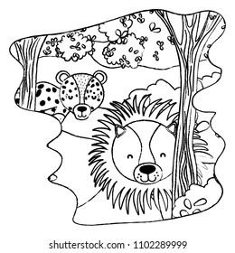 grunge adorable lion and leopard animals in the forest