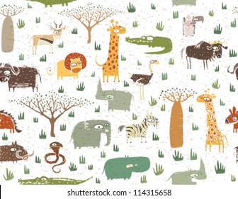 Grunge African Animals Seamless Pattern