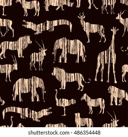 Grunge African Pattern With Beige Vertical Shading Stylized Animals On Brown