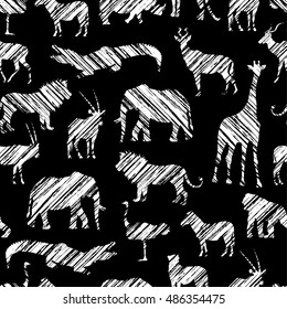 Grunge African Pattern With White Diagonal Shading Stylized Animals