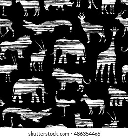 Grunge African Pattern With White Horizontal Shading Stylized Animals