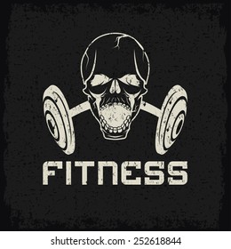 grunge aggressive skull and barbell fitness emblem