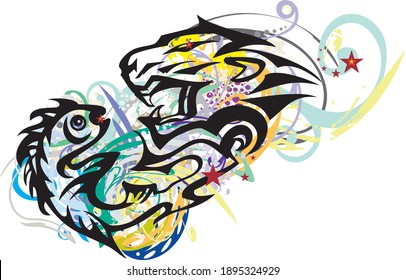 Grunge aggressive tribal symbol lion and fish. Splattered abstract symbol the growling head of a lion and fish with colorful floral elements on a white background