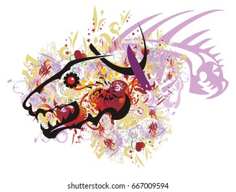 Grunge aggressive wolf head with red hearts. Colorful splashes in a terrible wolf head with red hearts, asterisks and dragon head