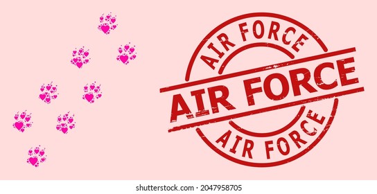 Grunge Air Force seal, and pink love heart mosaic for tiger paw trace. Red round seal includes Air Force text inside circle. Tiger paw trace mosaic is organized from pink wedding elements.