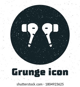 Grunge Air headphones icon icon isolated on white background. Holder wireless in case earphones garniture electronic gadget. Monochrome vintage drawing. Vector.