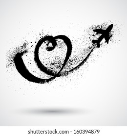 Grunge Airplane flying in the white sky leaving behind a love shaped smoke trail
