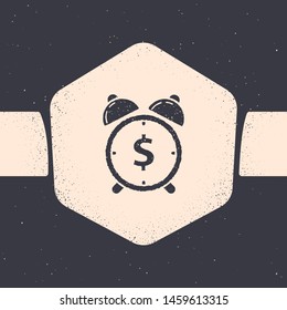 Grunge Alarm clock with dollar symbol icon isolated on grey background. Time is money. Effective time management. Business concept. Monochrome vintage drawing. Vector Illustration