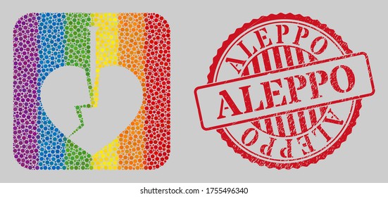Grunge Aleppo stamp and mosaic crack love heart subtracted for LGBT. Dotted rounded rectangle mosaic is around crack love heart cut out shape. LGBT spectrum colors.