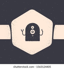 Grunge Alien icon isolated on grey background. Extraterrestrial alien face or head symbol. Monochrome vintage drawing. Vector Illustration