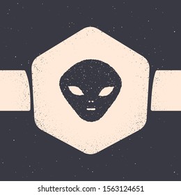 Grunge Alien icon isolated on grey background. Extraterrestrial alien face or head symbol. Monochrome vintage drawing. Vector Illustration
