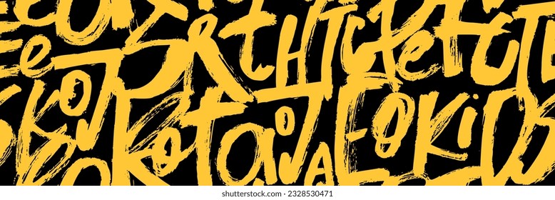 Grunge alphabet brush drawn yellow letters seamless pattern. Hand drawn graffiti style calligraphy yellow letters on dark background. Modern trendy typography wallpaper. Abstract typography pattern.