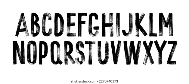 Grunge alphabet with capital letters. Dirty textured vector font. Typographic distressed font with dry brush strokes. Hand drawn characters with a rough inked texture. Uppercase letters.