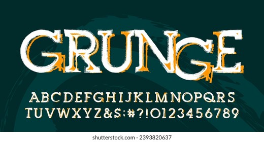 Grunge alphabet font. Messy uppercase letters and numbers. Vector typescript for your typography design.