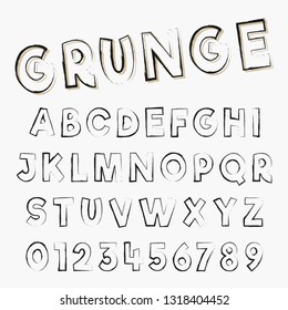 Grunge alphabet font template. Letters and numbers of distressed stroke design. Vector illustration.