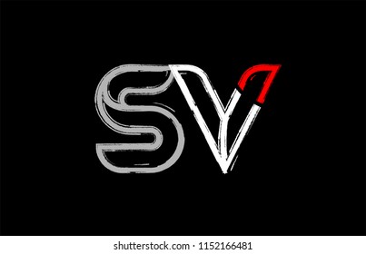 grunge alphabet letter combination sv s v logo design in white red and black colors suitable for a company or business