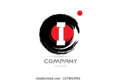 grunge I alphabet letter logo icon design with japanese style lettering. Creative template for company and business with red dot