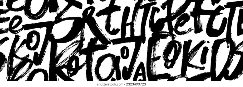 Grunge Alphabet Buchstaben nahtloses Muster. Pinselgezeichnete Graffiti-Briefe, typografischer Hintergrund. Abstraktes, nahtloses chaotisches Kalligrafiemuster. Moderne Pinselkalligraphie, Straßenkunsthintergrund.