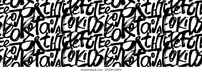 Grunge alphabet letters seamless pattern. Brush drawn graffiti style letters, typography background. Abstract seamless chaotic calligraphy pattern. Modern brush calligraphy, street art background.