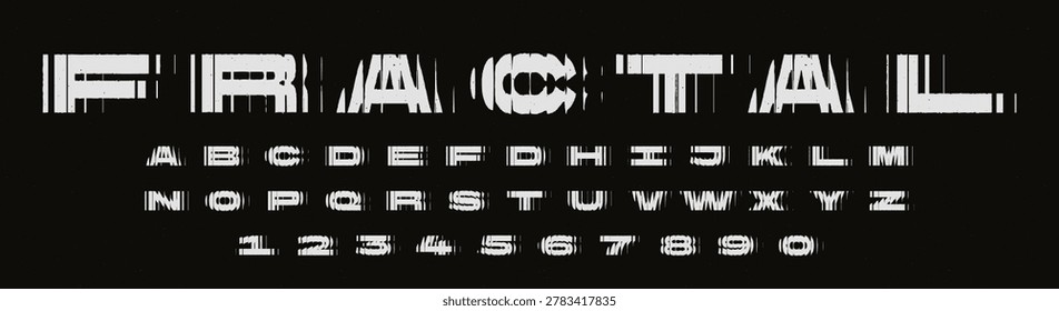Grunge alphabet with ribbed glass effect, postmodern brutalist aesthetic font. Distorted vertical line typography, bold letters and numbers with optical distortion texture, refracted glass vector font