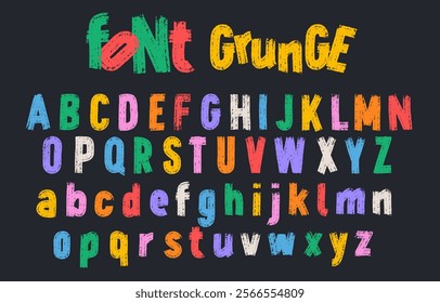 Grunge alphabet with upper and lower case letters. Dirty textured vector font. Hand drawn characters with a rough colored texture. Typographic distressed font with dry brush strokes. Letters vector.