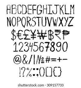 Grunge alphabet, vector black dirty chalk font with currency signs and numbers.