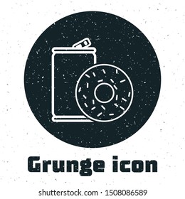 Grunge Aluminum can soda and donut icon isolated on white background. Fast food symbol.  Vector Illustration