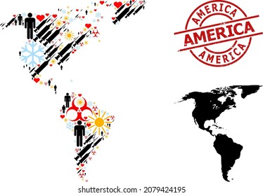 Grunge America stamp seal, and spring patients infection treatment collage map of South and North America. Red round stamp has America caption inside circle.