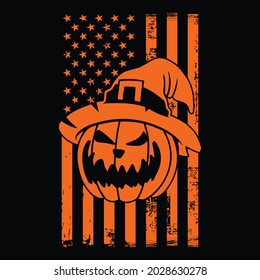 Grunge American Flag With Pumpkin - Halloween Concept T Shirt Design, Vector Graphic