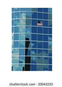 Grunge American Flag Reflected in Glass Skyscraper