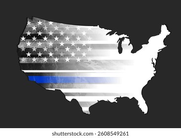 Grunge American map with black white USA flag and blue smooth stripe. American police force sign vector abstract background