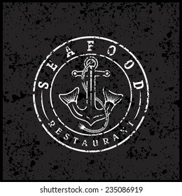 grunge anchor with fish tails seafood restaurant  label