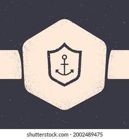 Grunge Anchor inside shield icon isolated on grey background. Monochrome vintage drawing. Vector