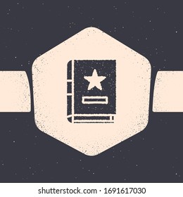 Grunge Ancient magic book with alchemy recipes and mystic spells and enchantments icon isolated on grey background. Monochrome vintage drawing. Vector Illustration