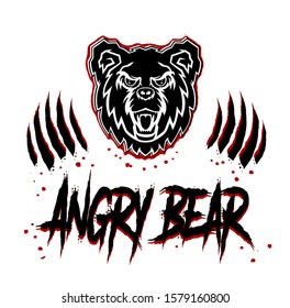 Grunge angry bear head face with teeth and open mouth silhouette stencil drawing illustration in black and red colors with traces of paws with claws.Tattoo,emblem,print for t shirt,sticker,badge,lable