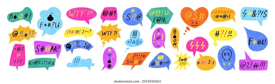 Grunge angry bubble. Speech boxes different forms and colors, swear mad, rude dialogue. Cloud retro box, sketch talk balloon. Insults, profanity, colorful pencil comic. Vector garish text cartoon