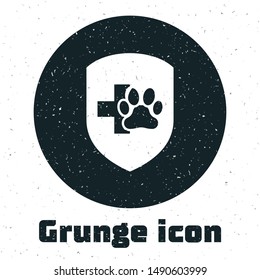 Grunge Animal health insurance icon isolated on white background. Pet protection icon. Dog or cat paw print.  Vector Illustration