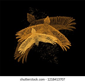 Grunge animal print for t shirt. Hand drawn flying condor on black background.