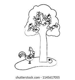 grunge apple tree and rooster farm animal