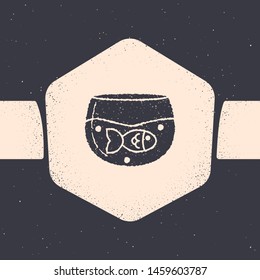 Grunge Aquarium with fish icon isolated on grey background. Round glass aquarium. Aquarium for home and pets. Monochrome vintage drawing. Vector Illustration